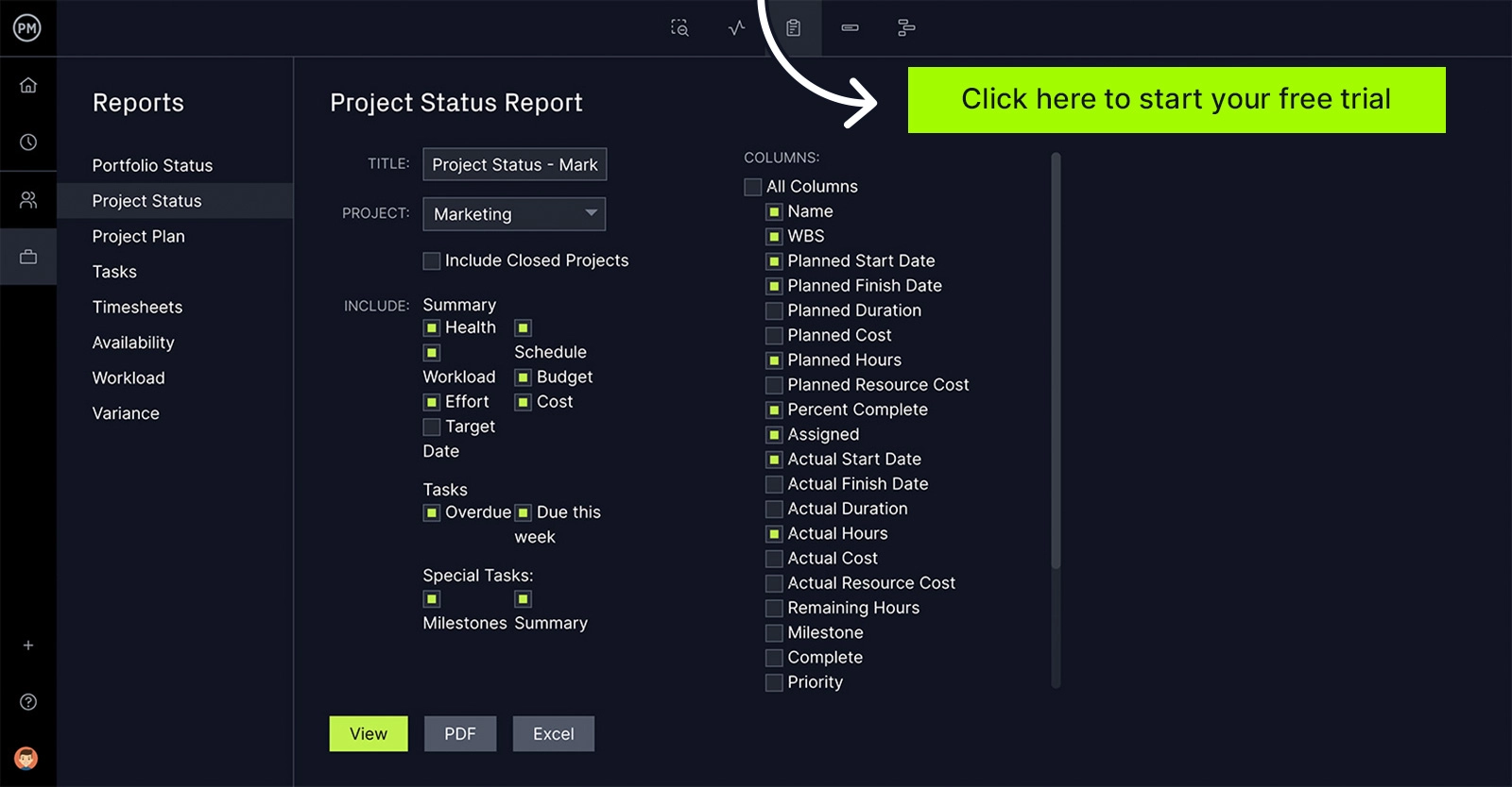 Filter laporan status ProjectManager