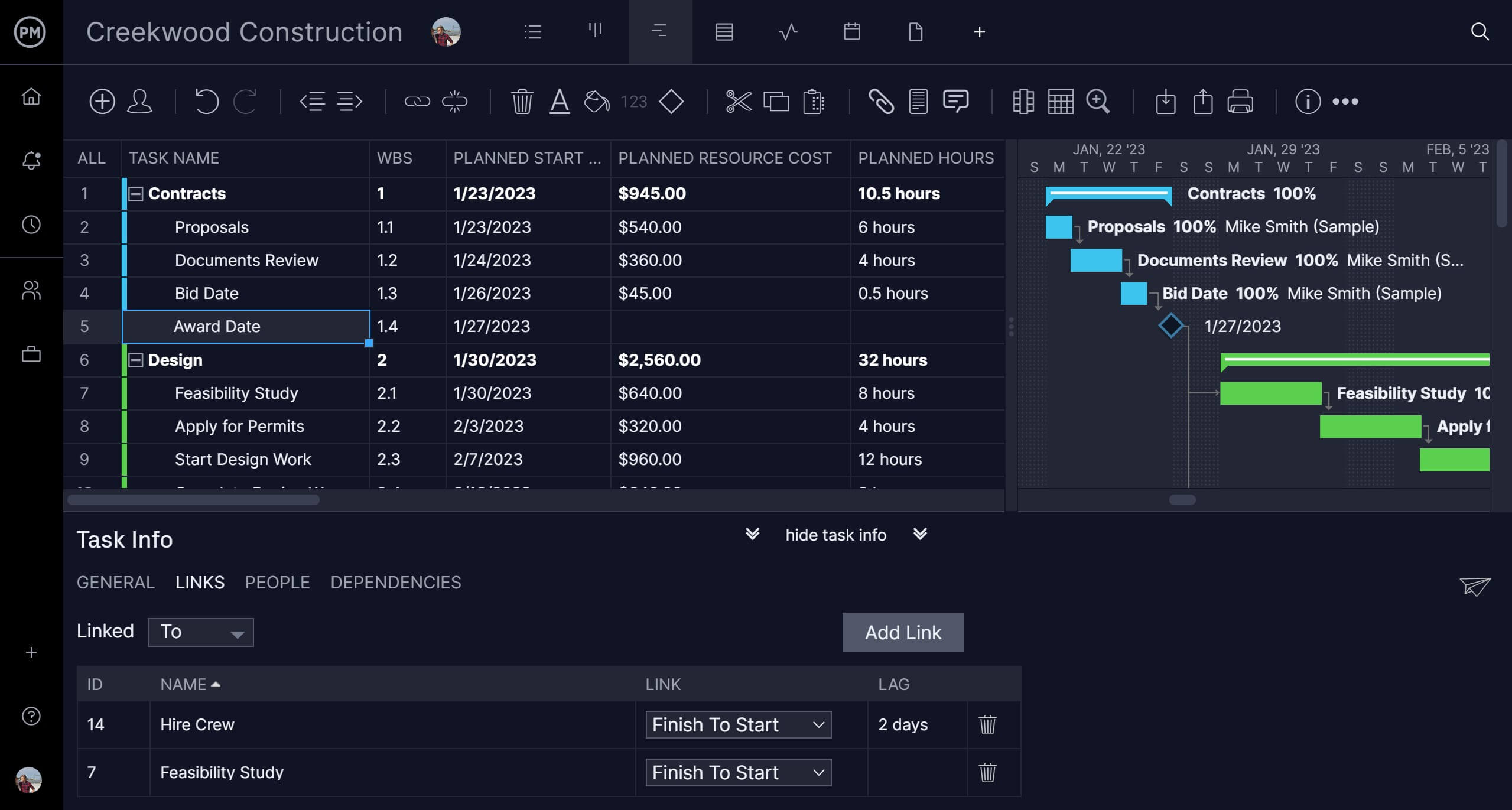 مخطط جانت الخاص بـ ProjectManager مع معلومات المهمة