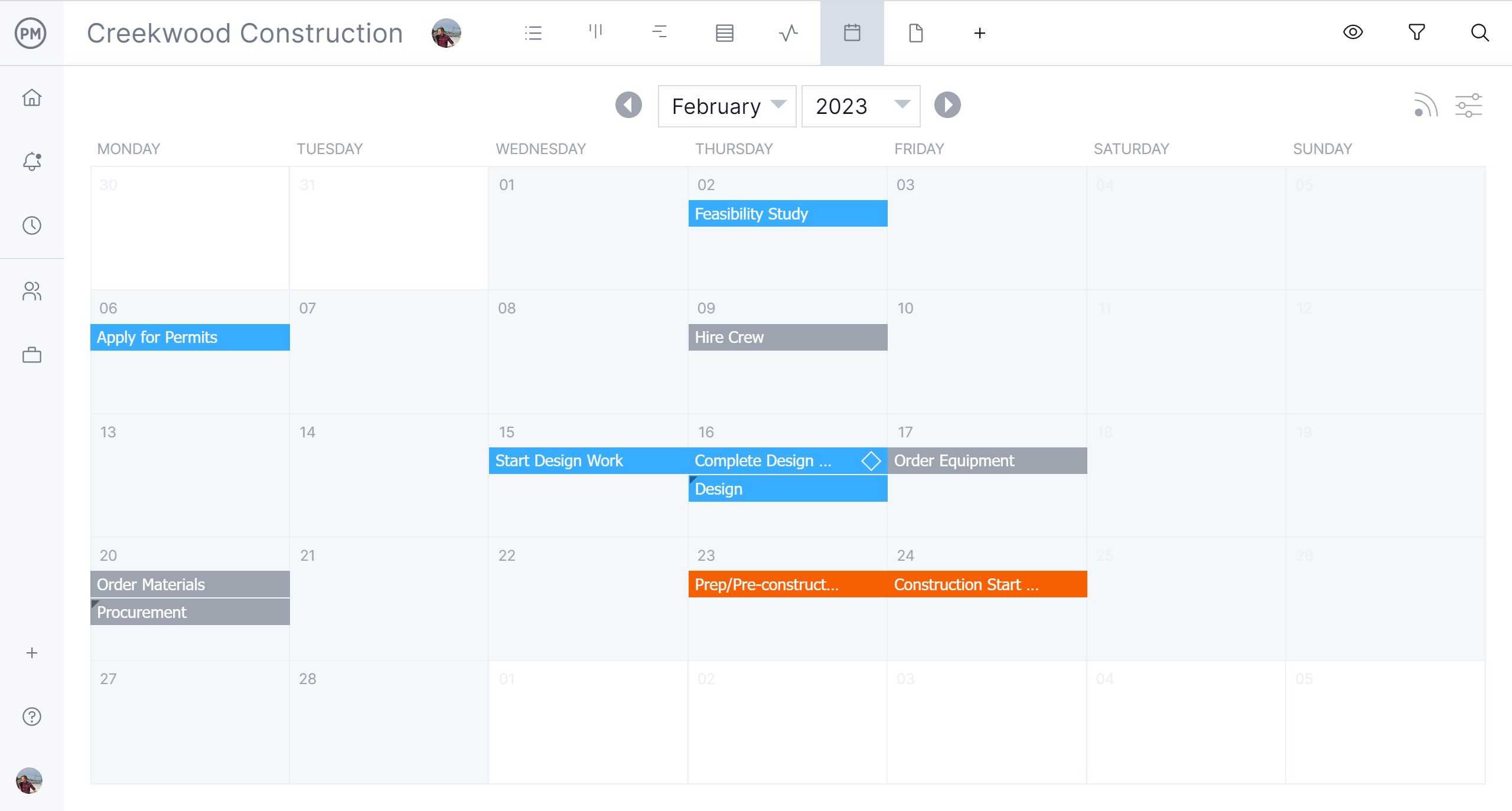 La vista del calendario di ProjectManager