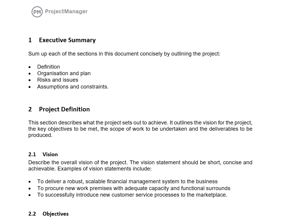 เทมเพลตกฎบัตรโครงการใน ProjectManager