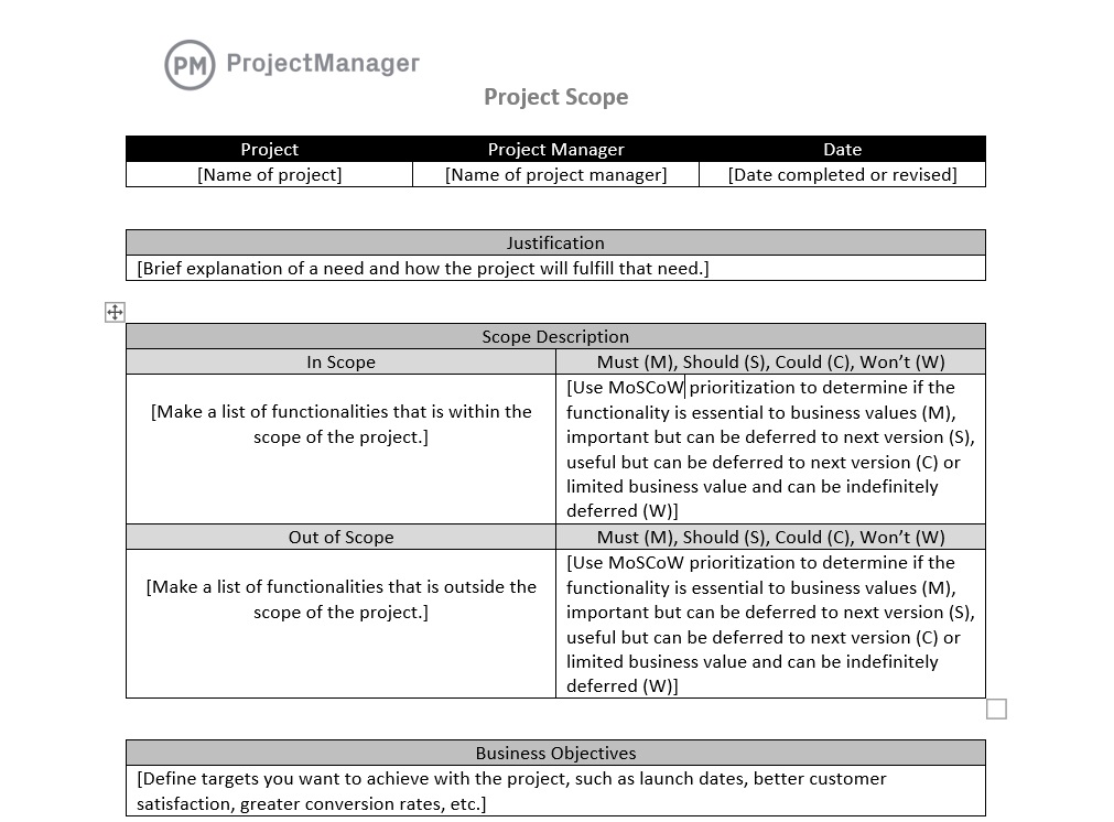 ProjectManager의 범위 설명 템플릿