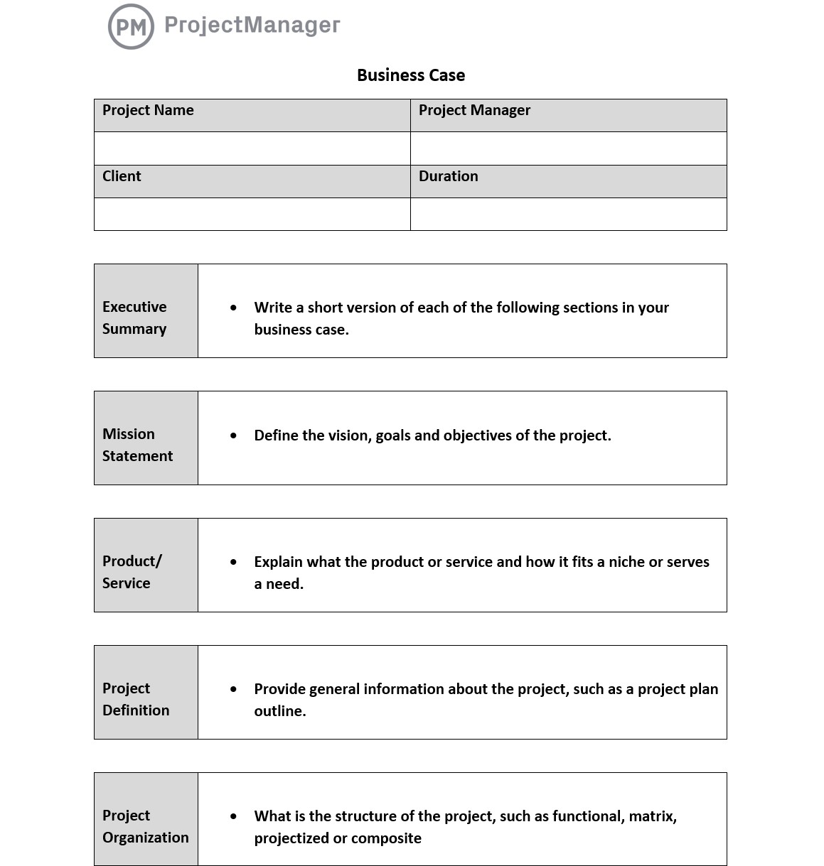 Modelo de caso de negócios no ProjectManager