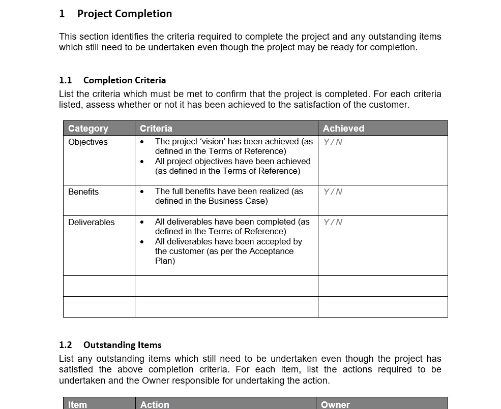 ProjectManager のプロジェクト クロージャー テンプレート