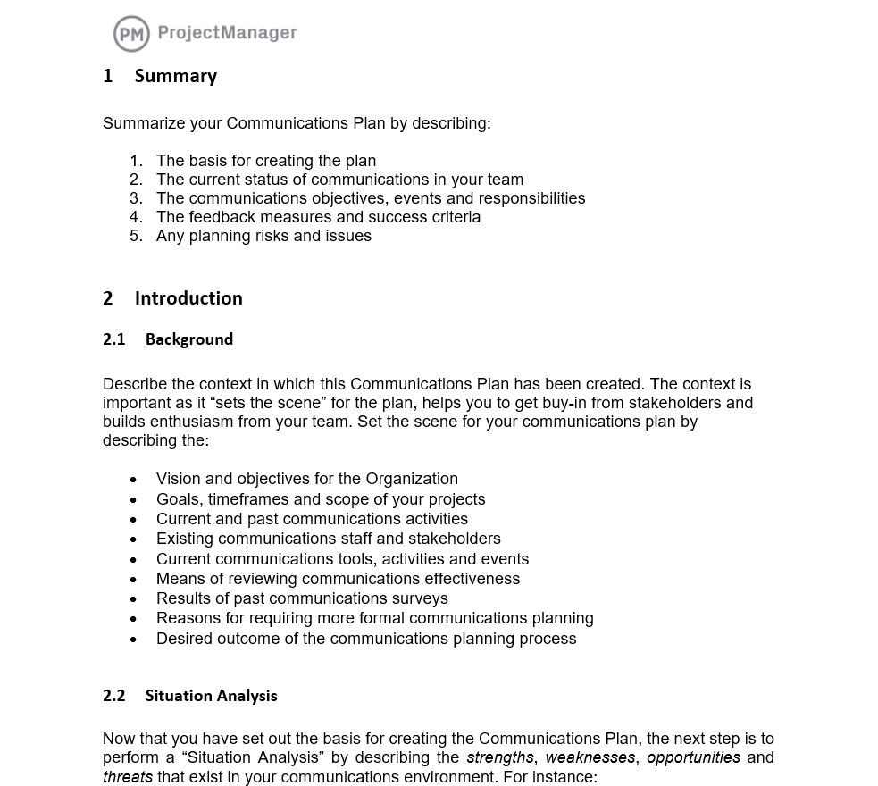 Modelo de plano de comunicação no ProjectManager