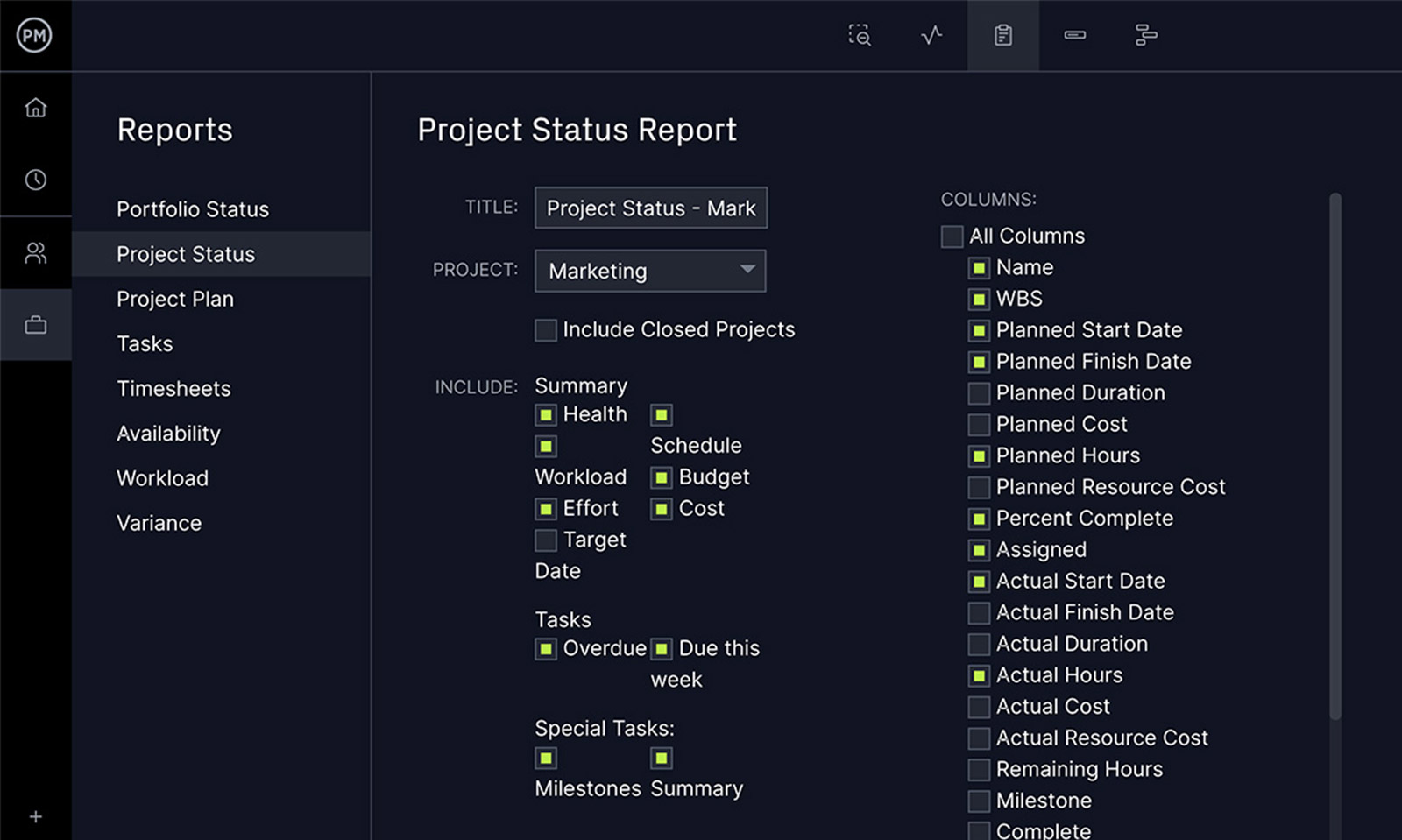 ProjectManager のレポート ページのスクリーンショット