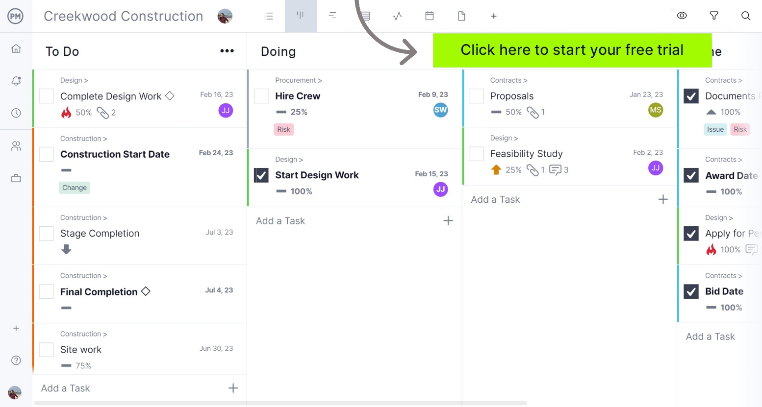 Kartu Kanban ProjectManager pada papan kanban digital