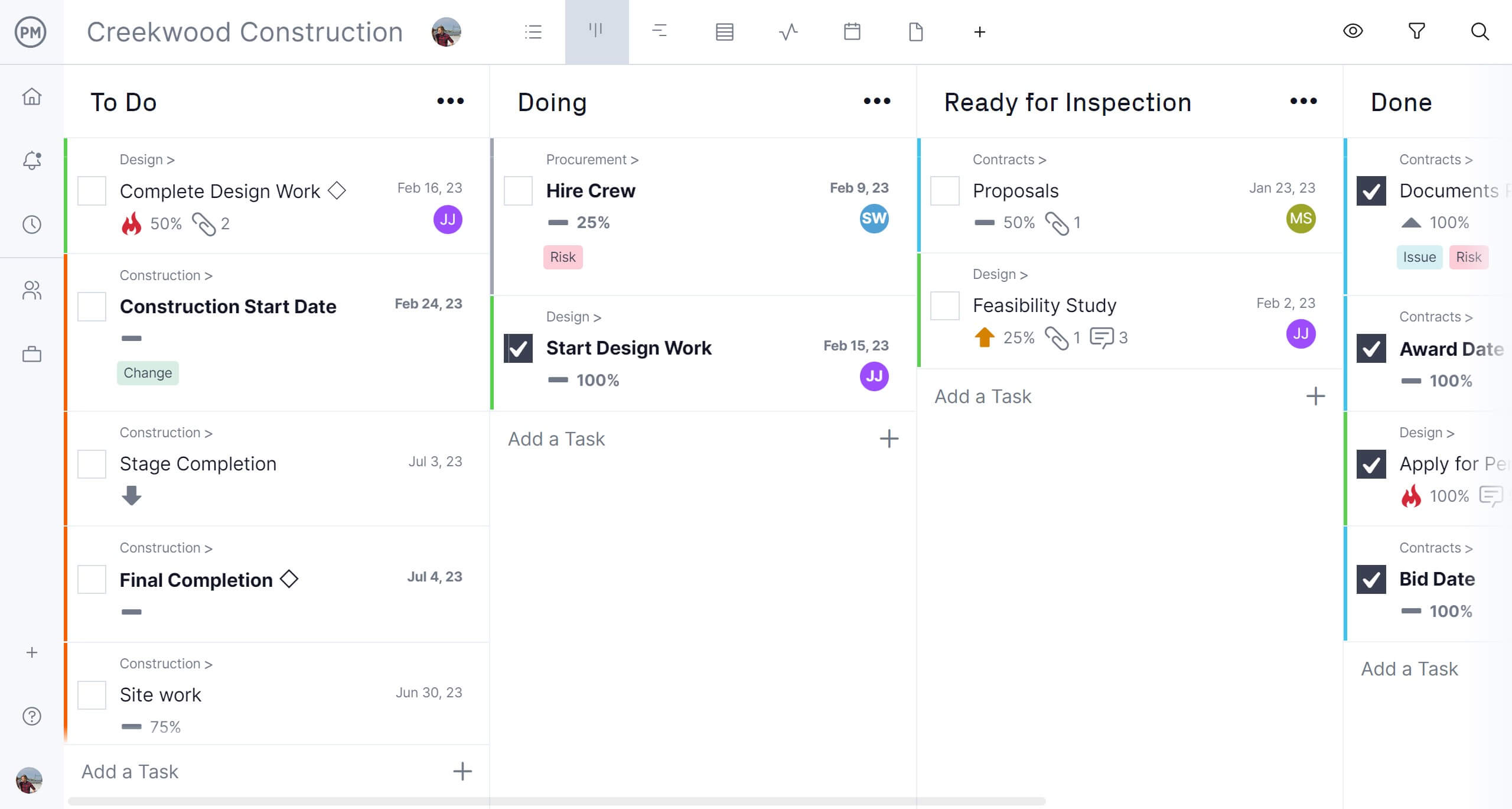 Screenshot della scheda kanban in ProjectManager