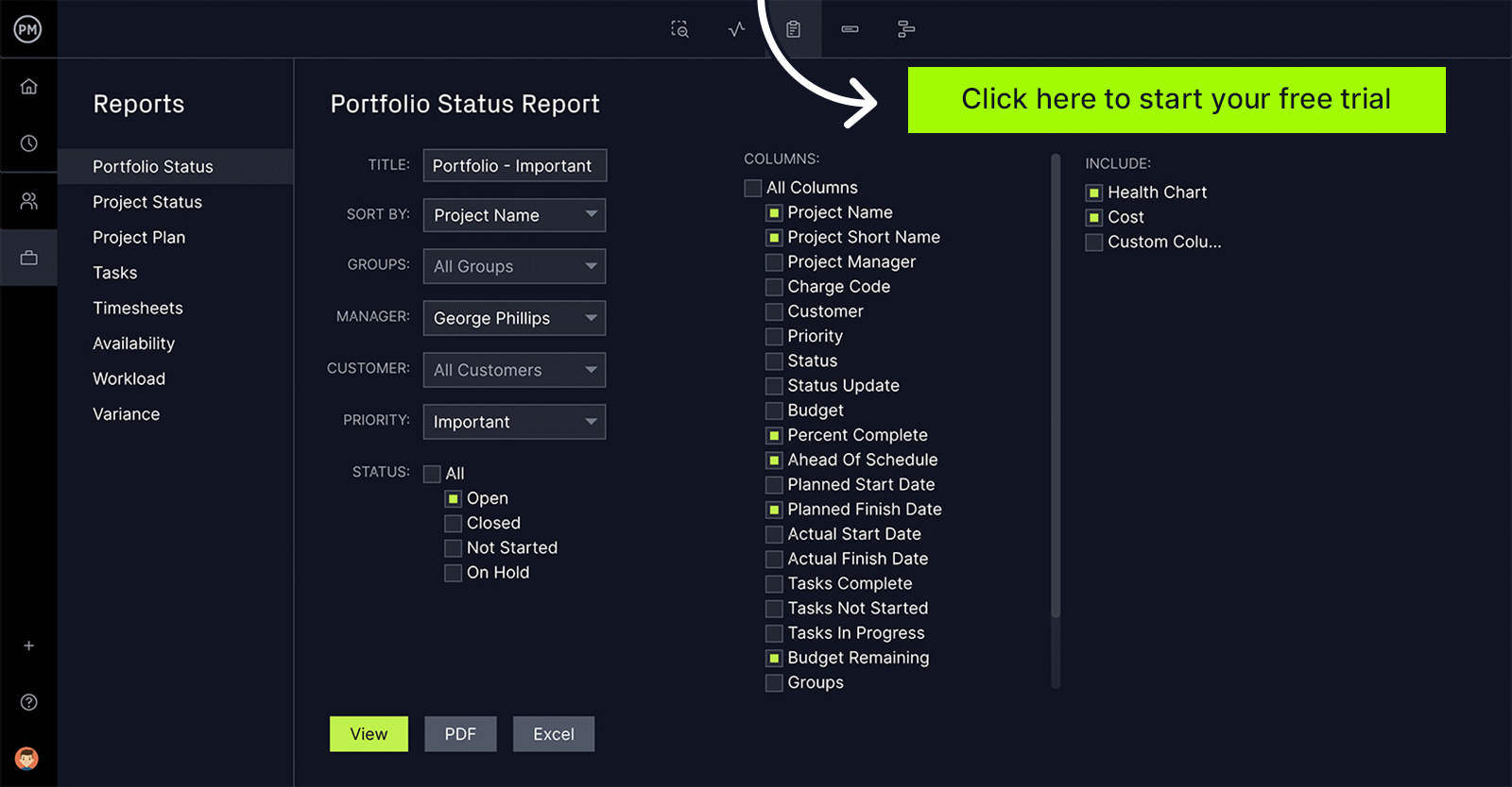 Filtre de rapport sur l'état du portefeuille de ProjectManager