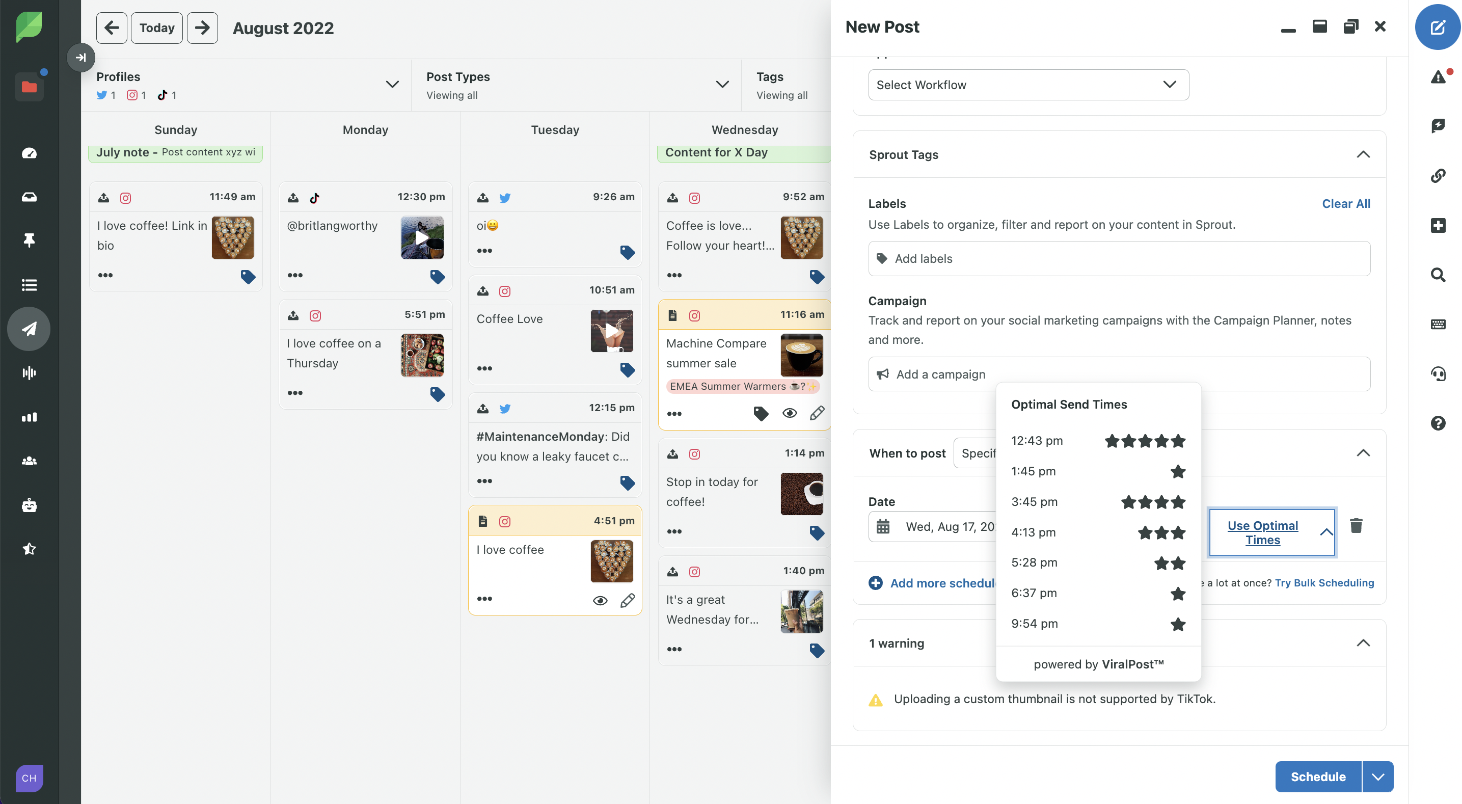 La finestra di composizione di Sprout Social in cui viene ampliato un menu che mostra gli orari migliori per pubblicare quel giorno.