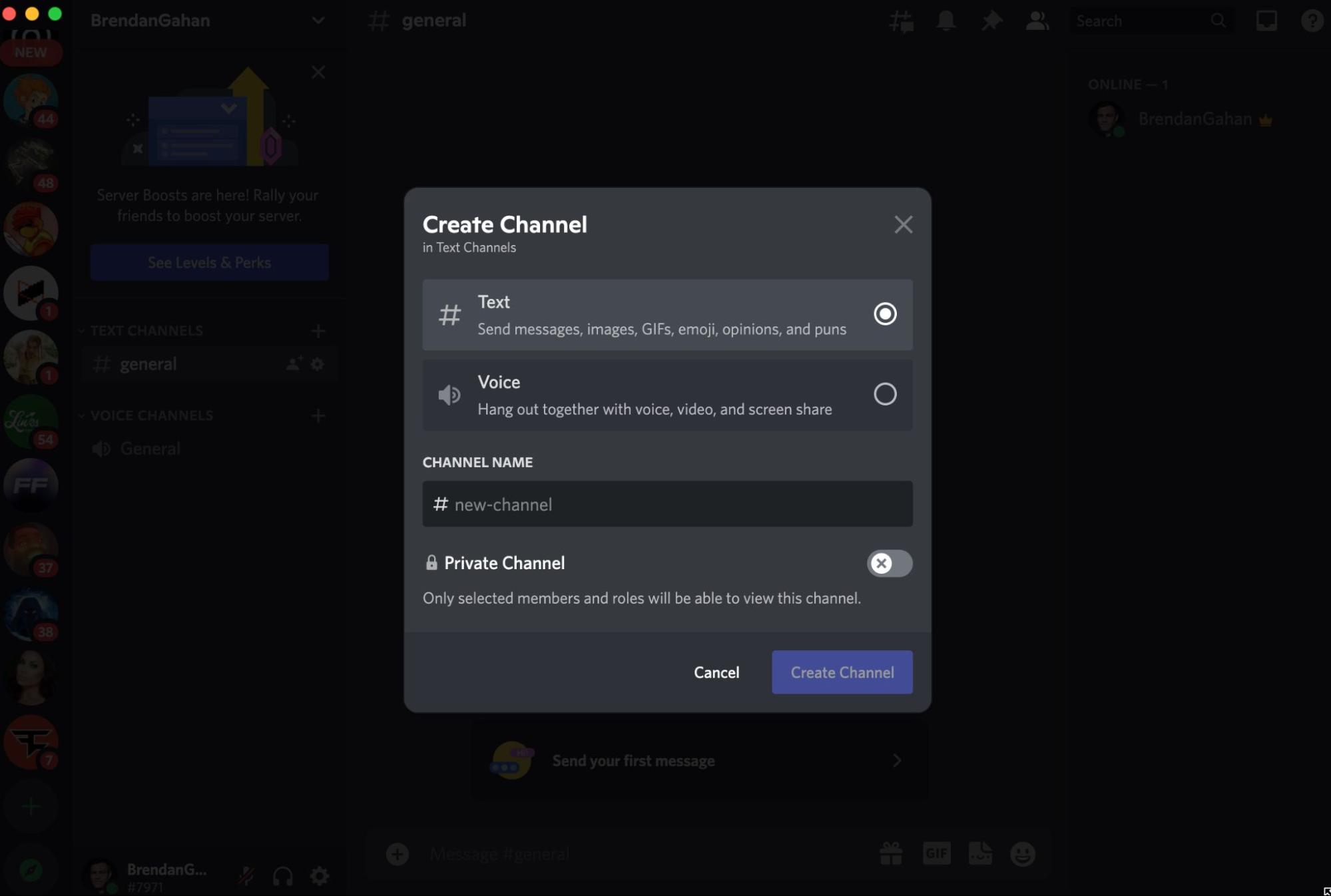 Screenshot di una richiesta di Discord per creare un nuovo canale audio o di testo