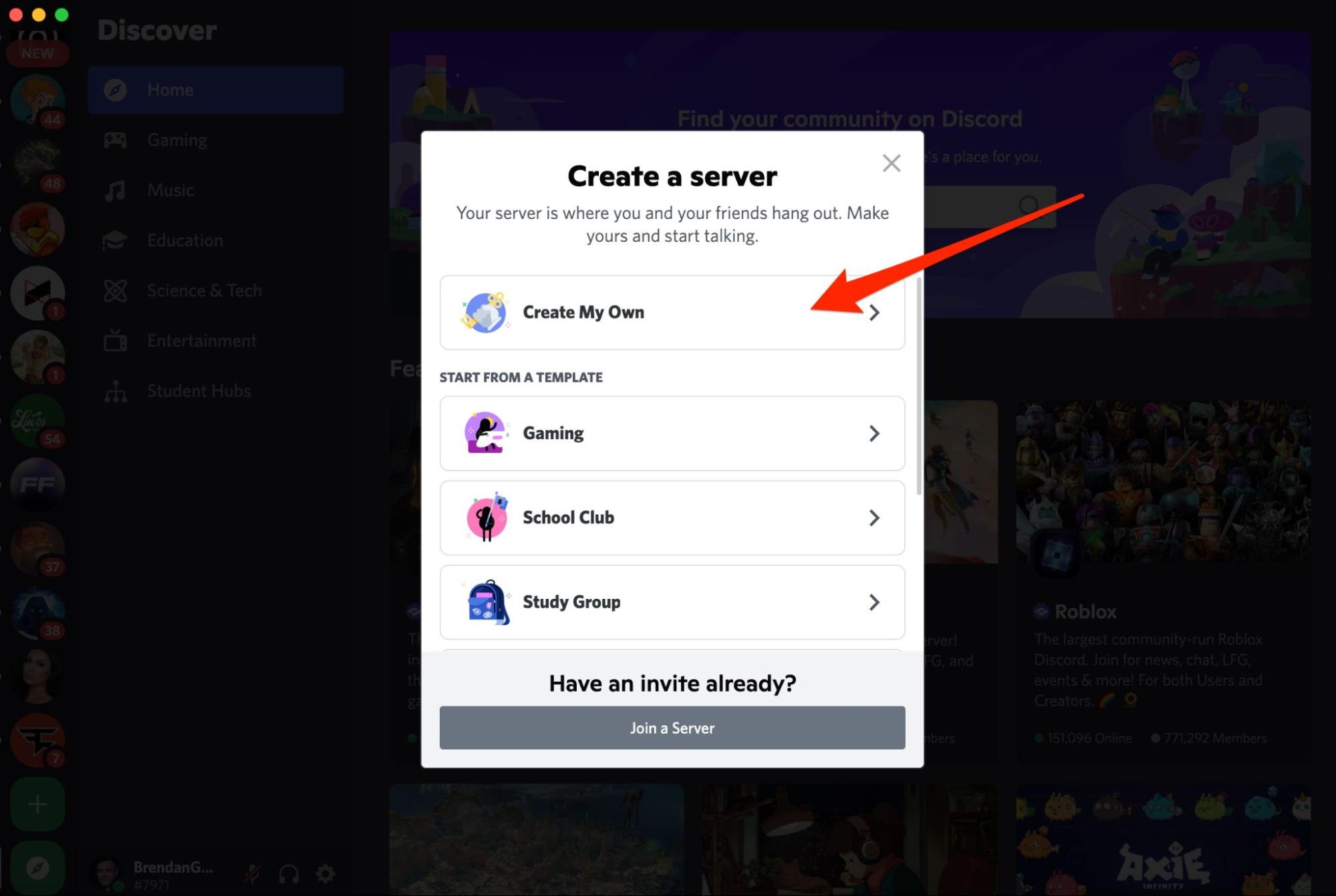 Screenshot delle opzioni che Discord mostra per creare un nuovo server