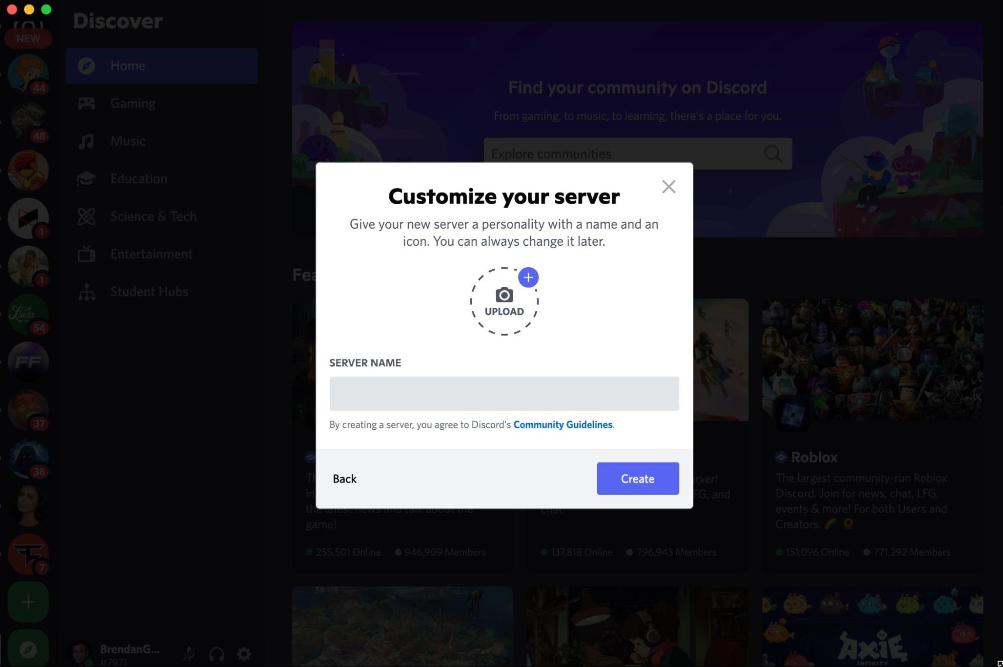 Screenshot delle opzioni per personalizzare un nuovo nome del server Discord