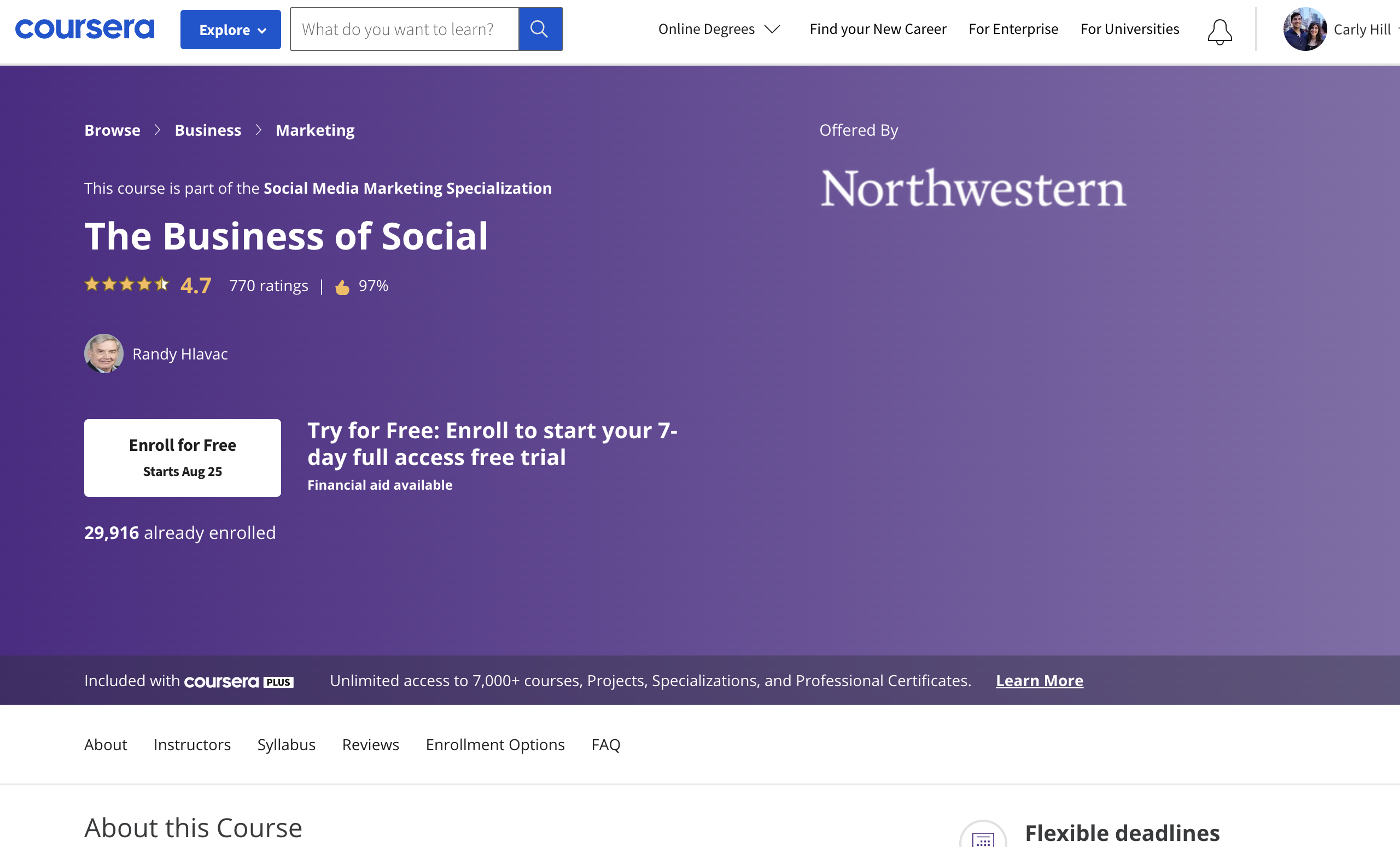 Northwestern の Coursera クラス、The Business of Social のランディング ページのスクリーンショット。承認率は 97% です。