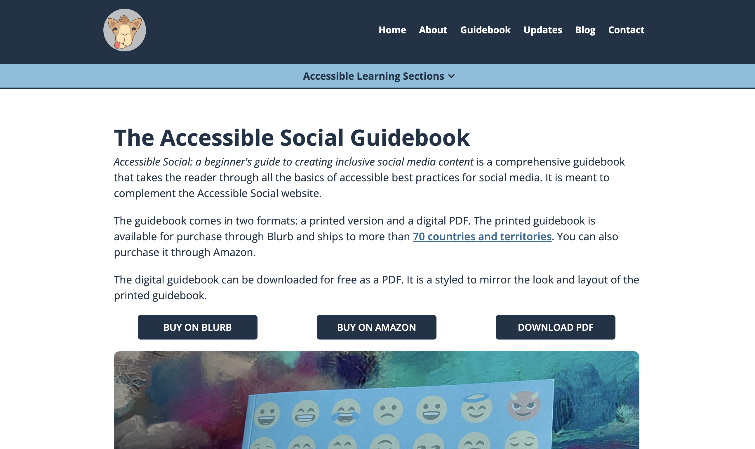 本を購入したり、PDF をダウンロードしたりできる Accessible Social Guidebook のダウンロード ページのスクリーンショット。