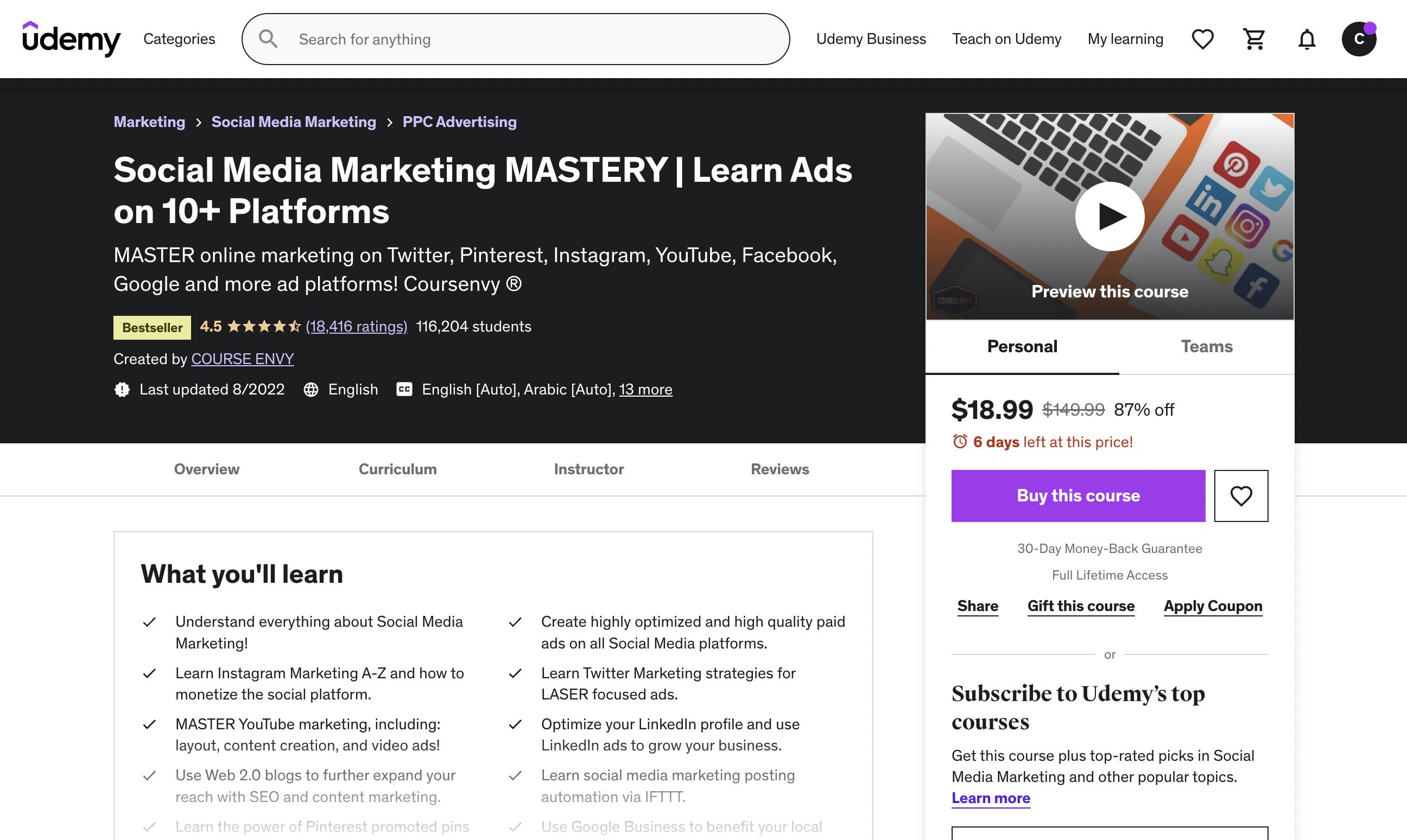 Udemy のコースのスクリーンショット Social Media Marketing Mastery: Learn Ads on 10 plus platform とコースの評価として 5 つ星中 4.5 つ星。