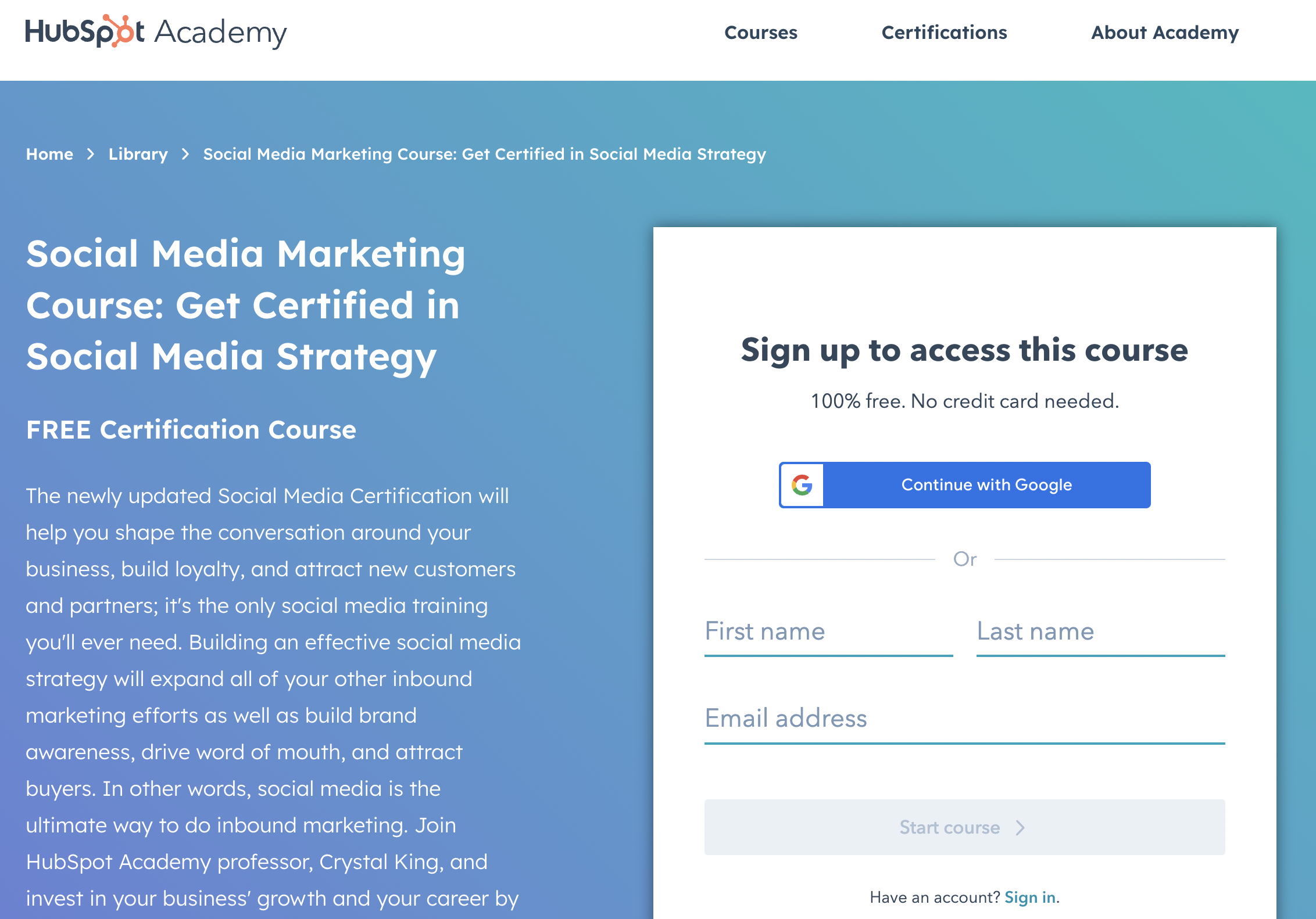 HubSpot のソーシャル メディア マーケティング認定コースのランディング ページのスクリーンショット。