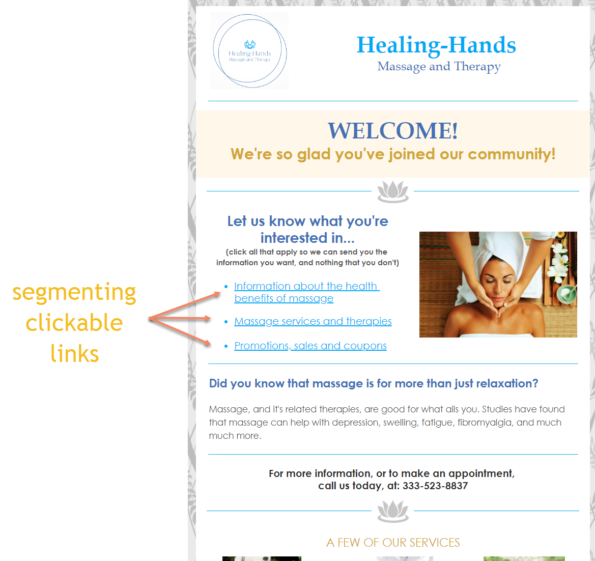 Ein Beispiel für eine Willkommens-E-Mail, die anklickbare Links segmentiert.