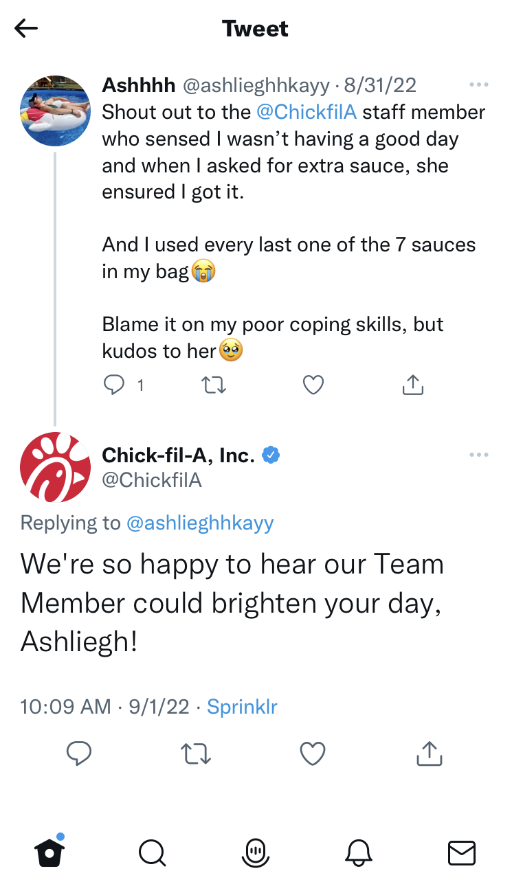 Chick-fil-A risponde su Twitter dicendo che era felice di rallegrare la giornata di un cliente su Twitter