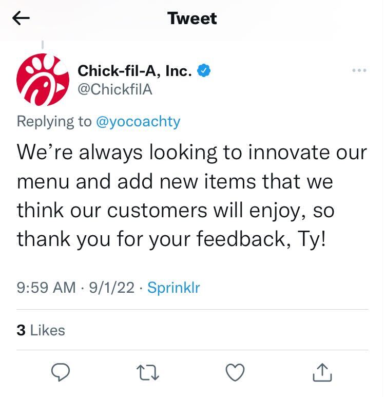 Chick-fil-A Tweet ringrazia il cliente per il feedback