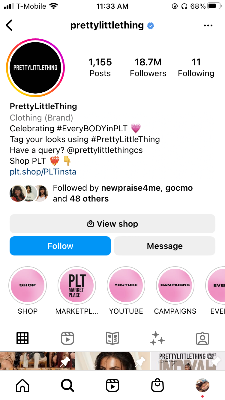 Profilo Instagram di Pretty Little Thing. La biografia include diversi hashtag di marca che i clienti possono utilizzare.