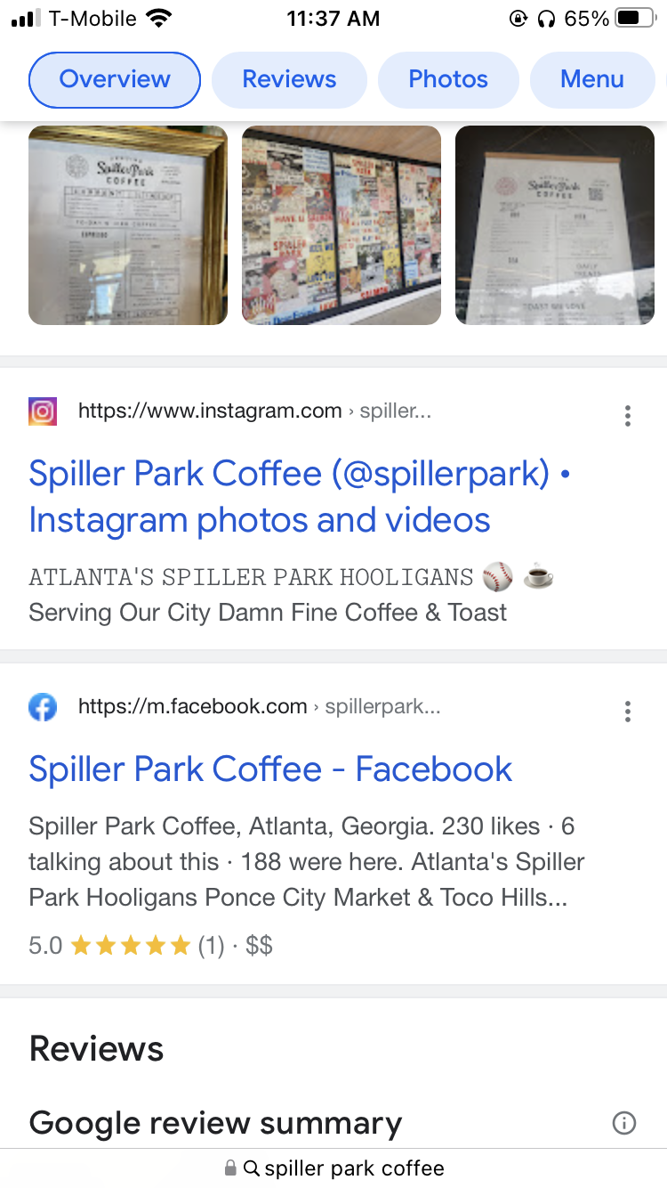 Pagine aziendali Instagram e Facebook di Spiller Park Coffee su una pagina dei risultati di un motore di ricerca