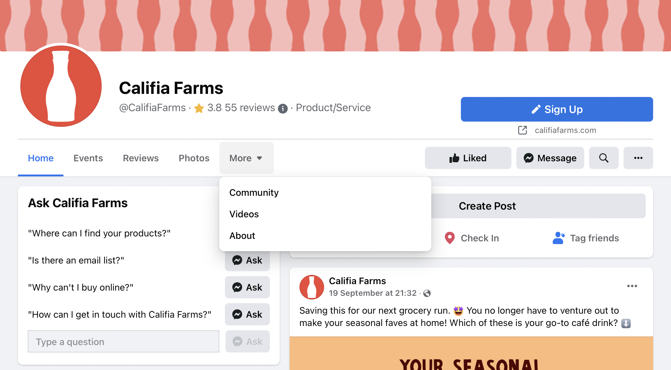 หน้า Facebook ของ Califia Farms แสดงส่วนทั้งหมดที่สามารถดูได้