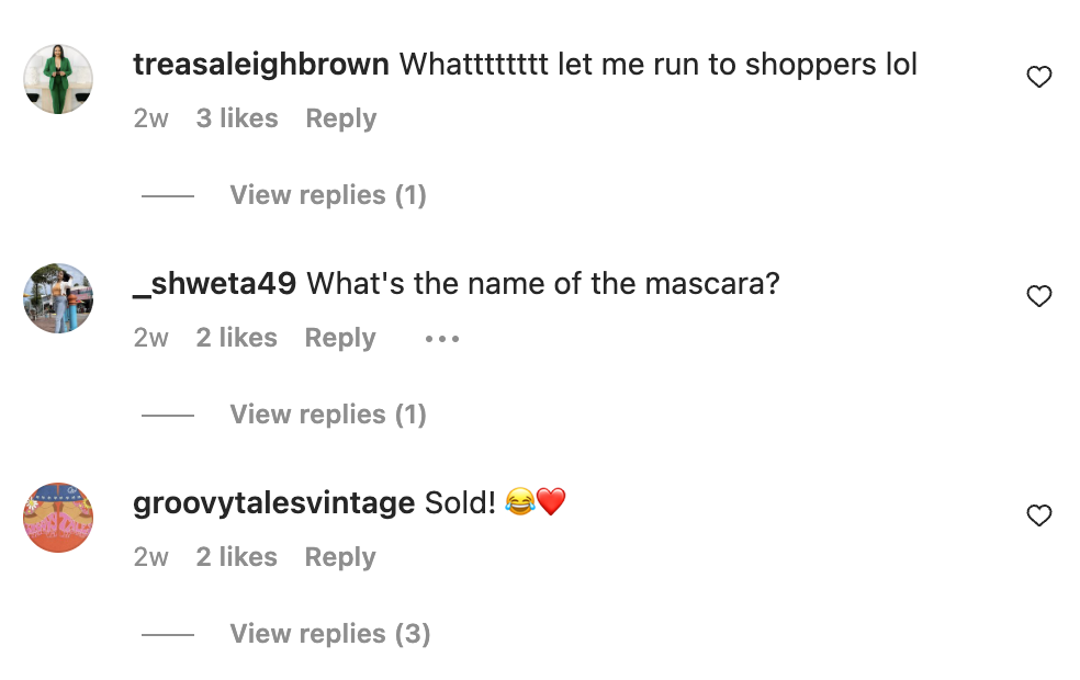 ความคิดเห็นเกี่ยวกับ Reel ของครีเอเตอร์ Trulee ที่เขียนว่า "Sold!" , "What's this name of this mascara?" และ "อะไรนะ ให้ฉันวิ่งไปหาผู้ซื้อเดี๋ยวนี้ lol"