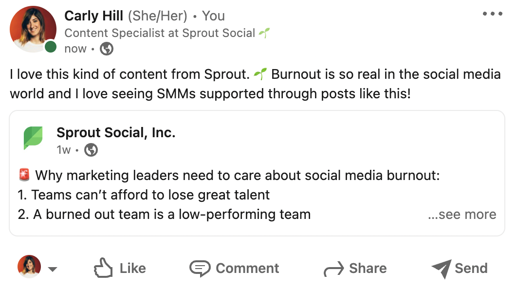 従業員の LinkedIn 投稿で再共有された Sprout LinkedIn 投稿を示すスクリーンショット