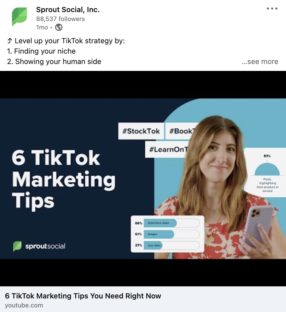 Captura de pantalla de una publicación de Sprout en LinkedIn con un video de Sprout en YouTube