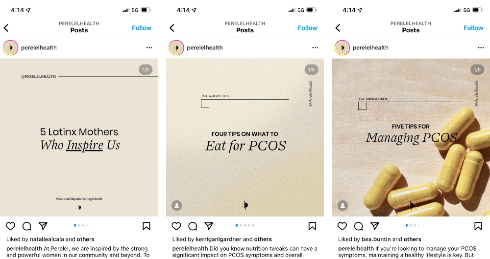 สกรีนช็อตของโพสต์ Instagram สามโพสต์จาก Perelel Health ที่แสดงการใช้เทมเพลต Instagram