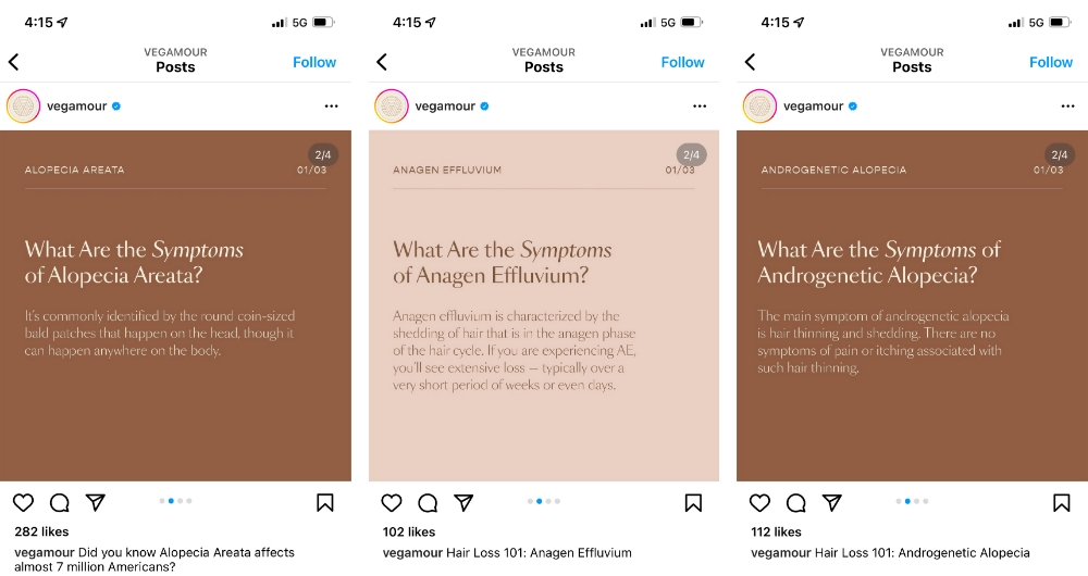 สกรีนช็อตของโพสต์ Instagram สามโพสต์จาก Vegamour ที่แสดงการใช้เทมเพลต Instagram