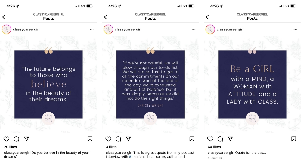 สกรีนช็อตของโพสต์ Instagram สามโพสต์จาก Classy Career Girl ที่แสดงการใช้เทมเพลต Instagram