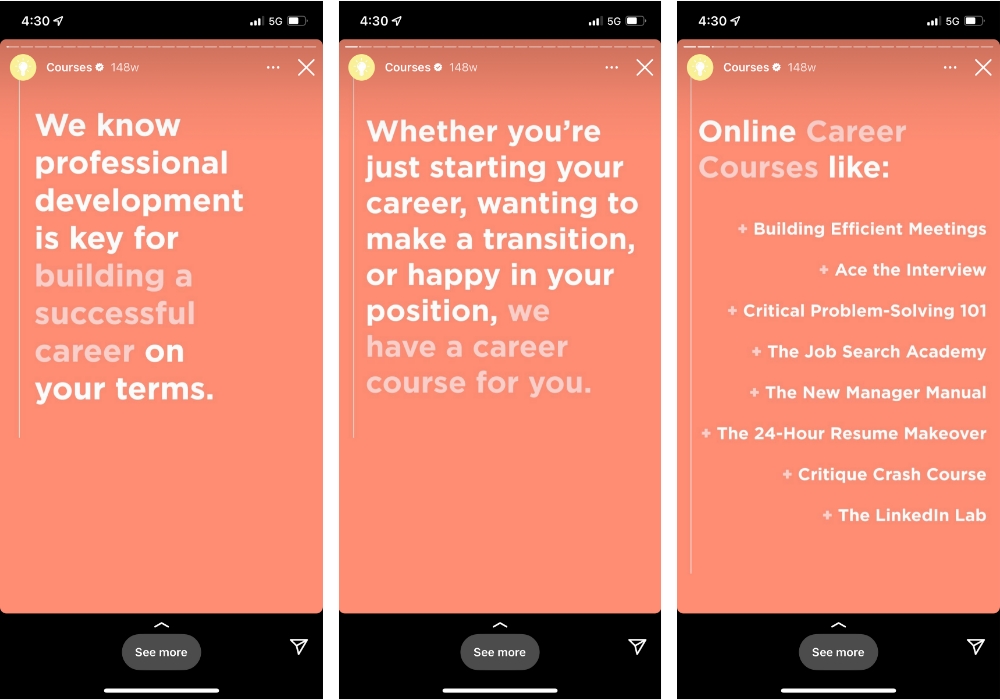 สกรีนช็อตของโพสต์ Instagram Story สามโพสต์จาก Career Contessa ที่แสดงการใช้เทมเพลตเรื่องราวของ Instagram