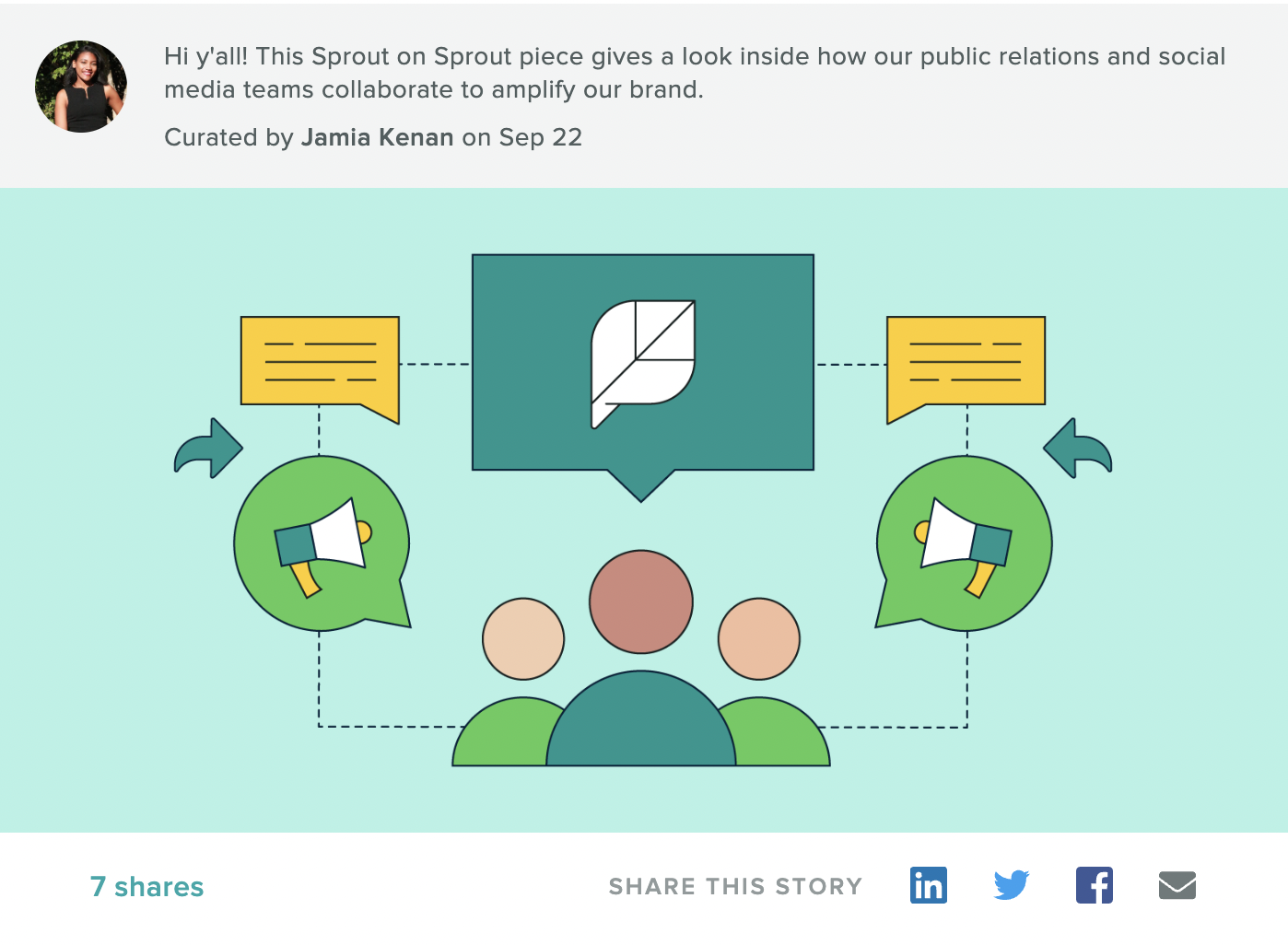 ภาพหน้าจอของเรื่องราวที่ได้รับการดูแลจัดการจากแพลตฟอร์ม Employee Advocacy ของ Sprout หมายเหตุด้านบนมาจากภัณฑารักษ์จากทีมเนื้อหาของเรา