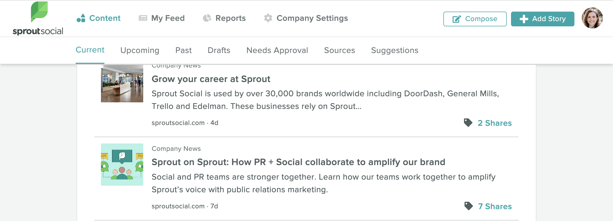 ภาพหน้าจอของแพลตฟอร์มการสนับสนุนพนักงานของ Sprout ซึ่งคุณจะเห็นปุ่ม "เพิ่มเรื่องราว" ที่มุมขวาบนของภาพ