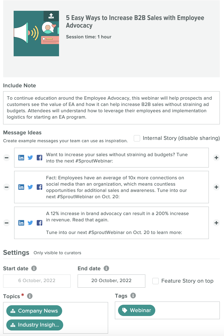 Tangkapan layar di platform Advokasi Sprout. Tangkapan layar menunjukkan opsi catatan internal dan pesan sosial untuk LinkedIn, Facebook, dan Twitter.