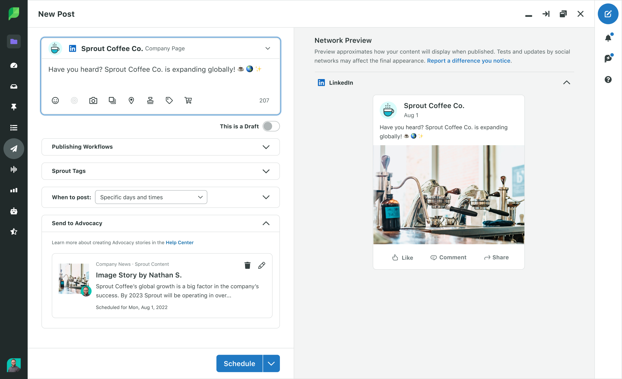 Tangkapan layar alat Penerbitan Sprout yang menyertakan tombol untuk dibagikan ke platform Advokasi.