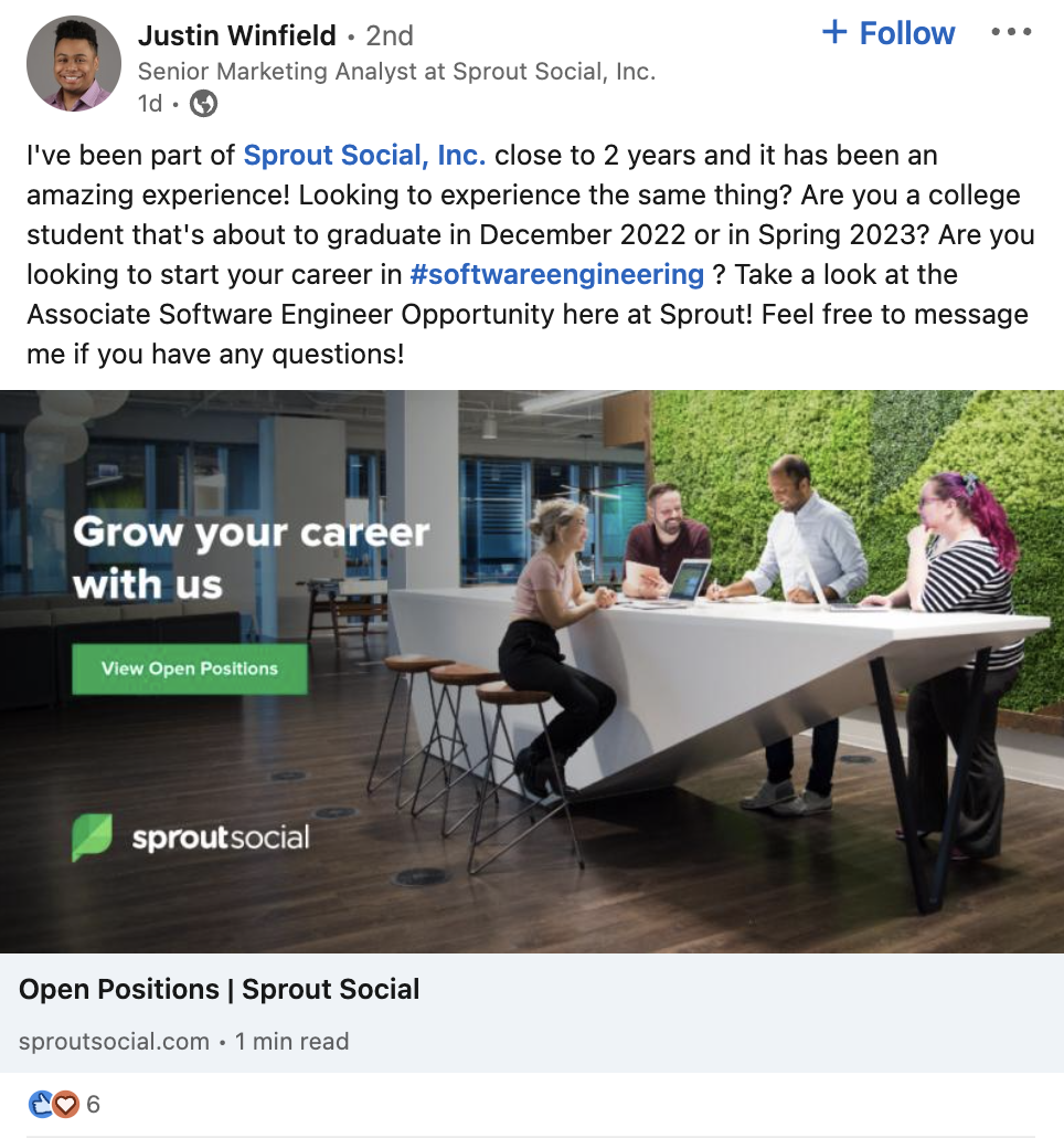 Wpis na LinkedIn od pracownika Sprout mówiący o otwartej roli w ich zespole.