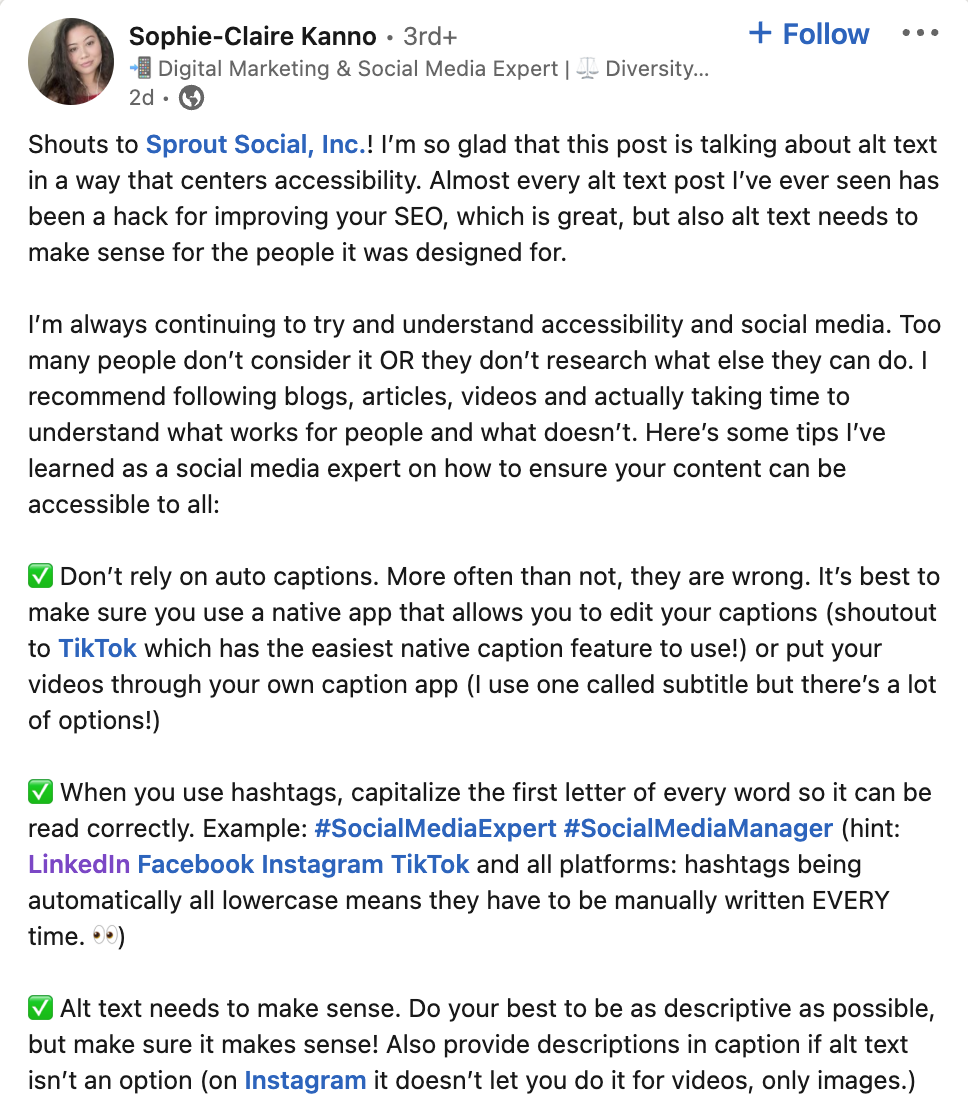 Zrzut ekranu z postem lidera myśli na LinkedIn, który mówi o tym, jak Sprout radzi sobie z tekstem alternatywnym i najlepszymi praktykami dotyczącymi ułatwień dostępu.