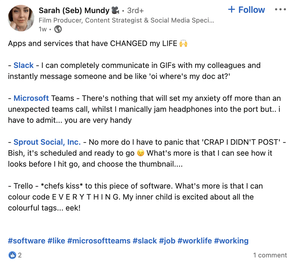 Zrzut ekranu z postem na LinkedIn zawierającym listę ulubionych narzędzi jednego profesjonalisty, w tym Sprout Social