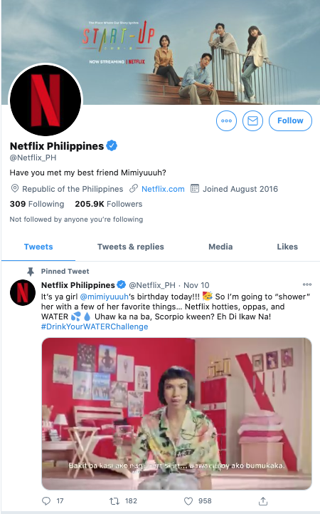 มุมมองบัญชี Twitter ของ Netflix Philippines ที่กำหนดเป้าหมายตามความสนใจของผู้ชมในพื้นที่