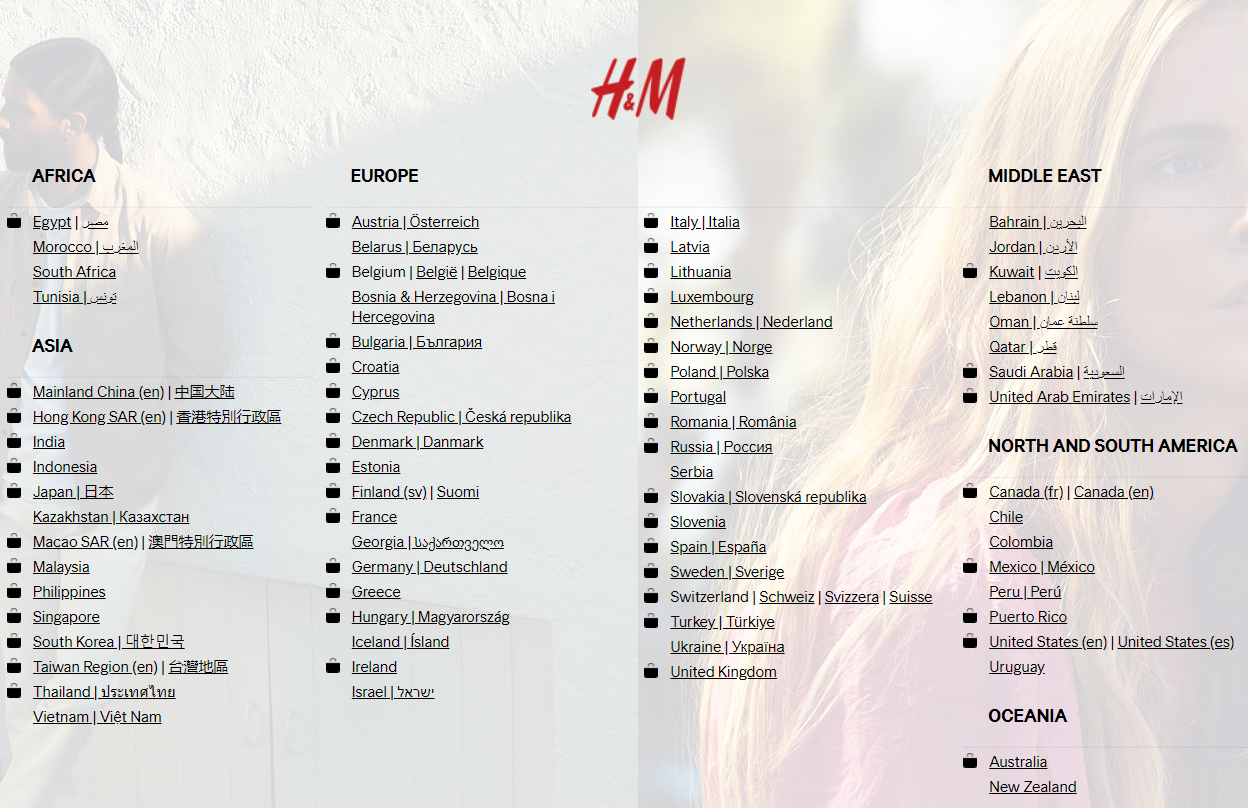 สกรีนช็อตของการตลาดระหว่างประเทศของ H&M ไปยังหลายพื้นที่