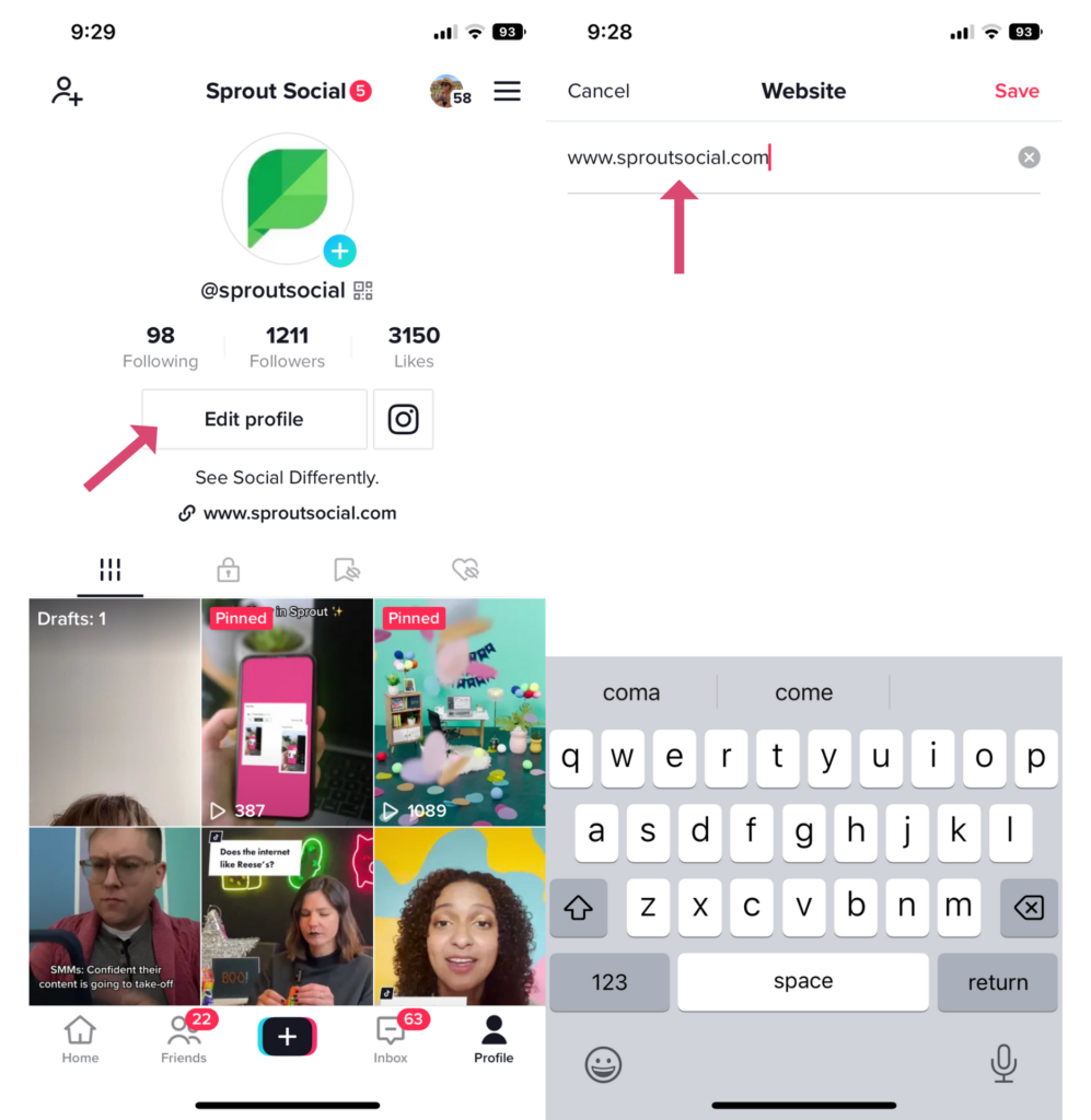 Dua tangkapan layar seluler berdampingan dari aplikasi TikTok: gambar kiri menunjukkan panah merah muda yang menunjuk ke tombol Edit Profil pada profil Sprout Social TikTok. Tangkapan layar kanan menunjukkan panah merah muda yang menunjuk ke area input Situs web dari bagian edit profil.