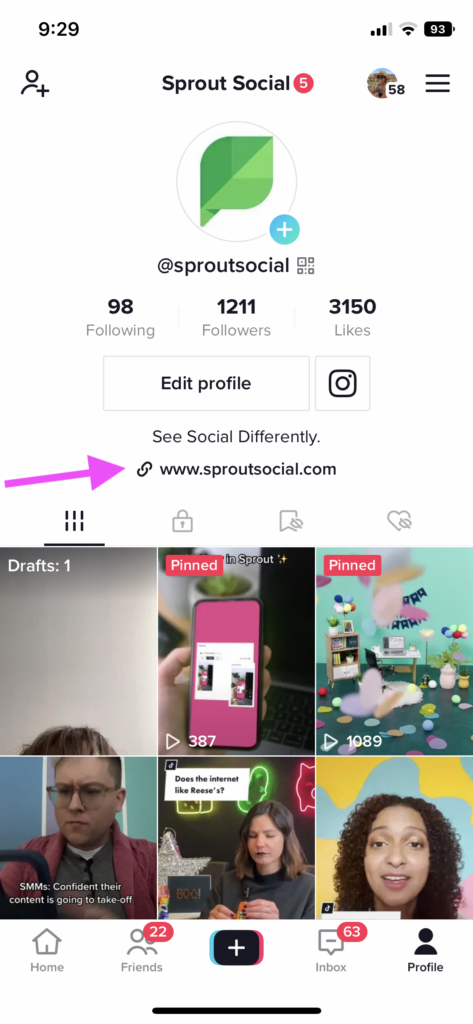 Tangkapan layar profil TikTok Sprout Social melalui ponsel dengan panah merah muda yang mengarah langsung ke bio di atas umpan video.