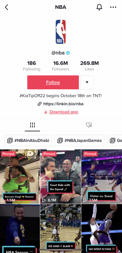 Tangkapan layar bio TikTok NBA.