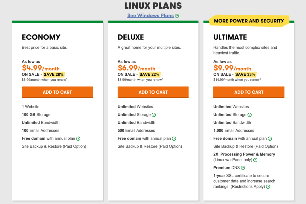 Godaddy Web Hosting Linux plans