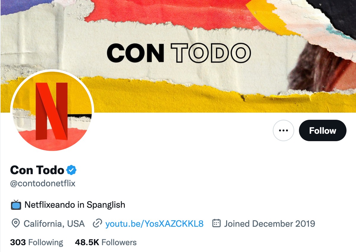 Tangkapan layar akun Twitter Netflix Con Todo. Bio mereka berbunyi "Netlfixeando dalam bahasa Spanyol".