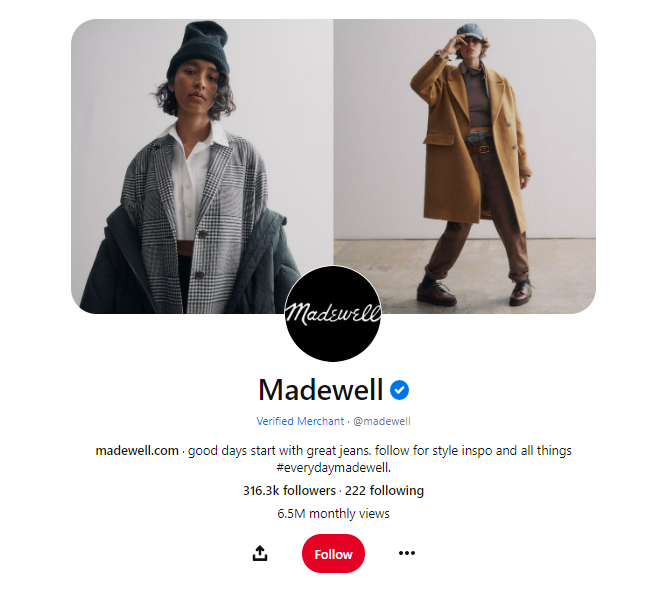 Madewell 的 Pinterest 帳戶包括一個很棒的社交媒體簡歷。