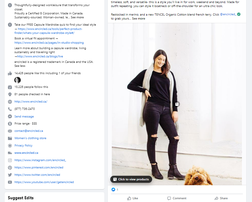 Encircle Clothing 的 Facebook 個人資料包括一個很棒的社交媒體簡歷。