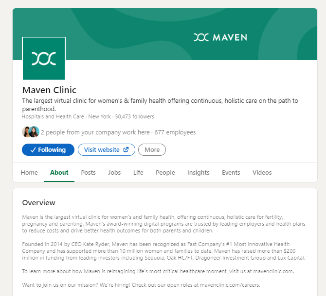 Maven Clinic 的 LinkedIn 公司頁麵包括一個很棒的社交媒體簡歷。